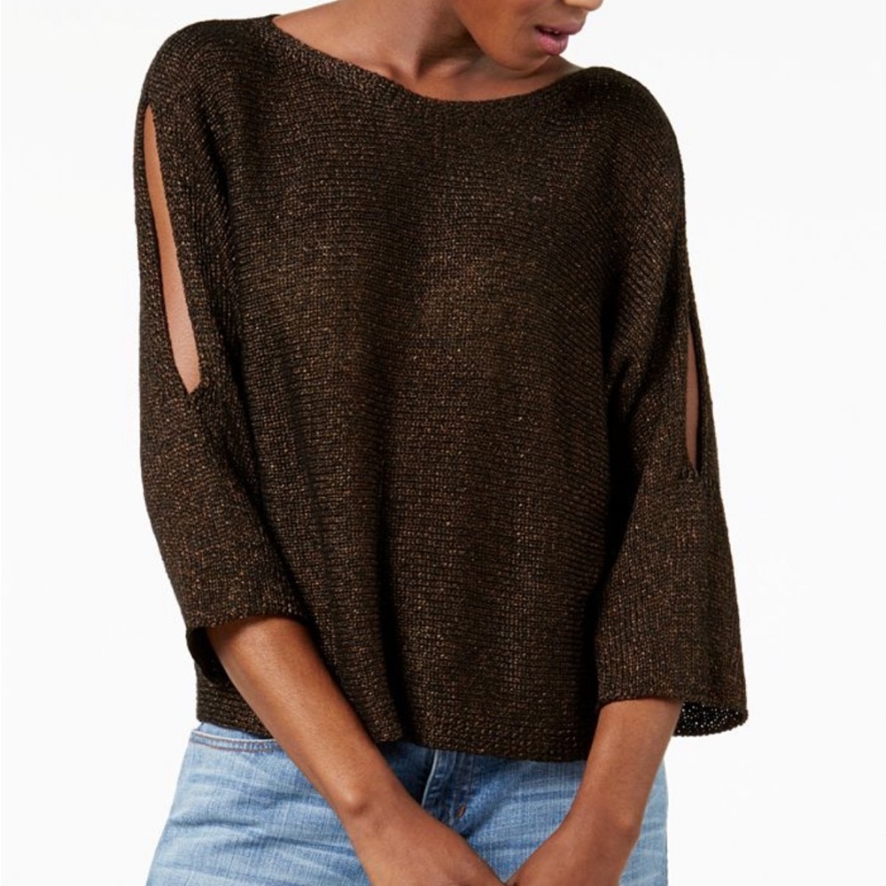 Eileen Fisher Organic Linen Blend Split Sleeve Metallic Sweater ⭐️